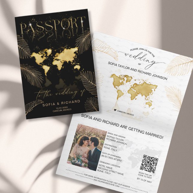 Invitation Tropical Destination Wedding  Passport QR Code (elegant passport wedding invitation with gold world map and palm leaves )