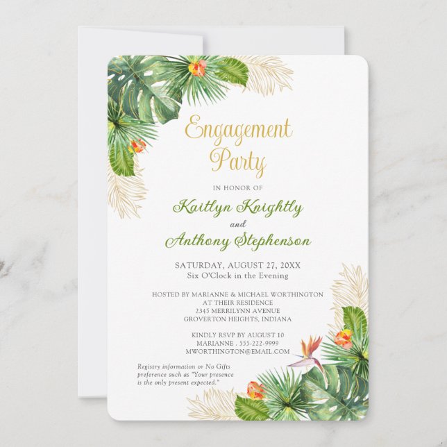 Invitation Tropical Engagement Party Floral Gold Aquarelle (Devant)