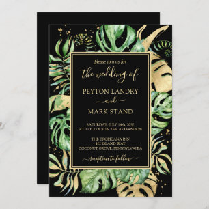 Invitation Tropical Feuille Black & Gold Frame Modern Mariage