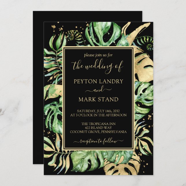 Invitation Tropical Feuille Black & Gold Frame Modern Mariage (Devant / Derrière)