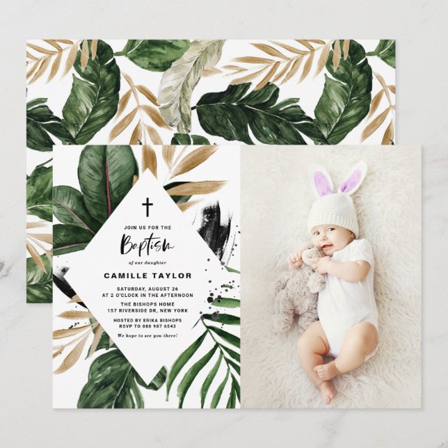 Invitation Tropical Feuille Gold Foil Frame Photo Baptême (Devant / Derrière)