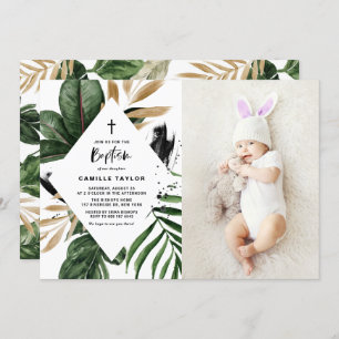 Invitation Tropical Feuille Gold Foil Frame Photo Baptême
