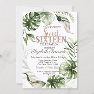 Invitation Tropical Feuille Green Sweet 16 Anniversaire