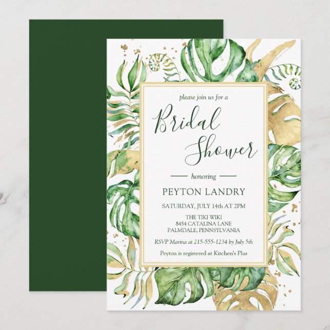 Invitation Tropical Feuille moderne Gold Frame Fête des marié (Devant / Derrière)