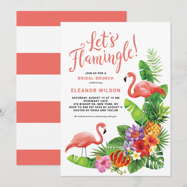 Invitation Tropical Flamingle Floral Bridal Brunch (Devant / Derrière)