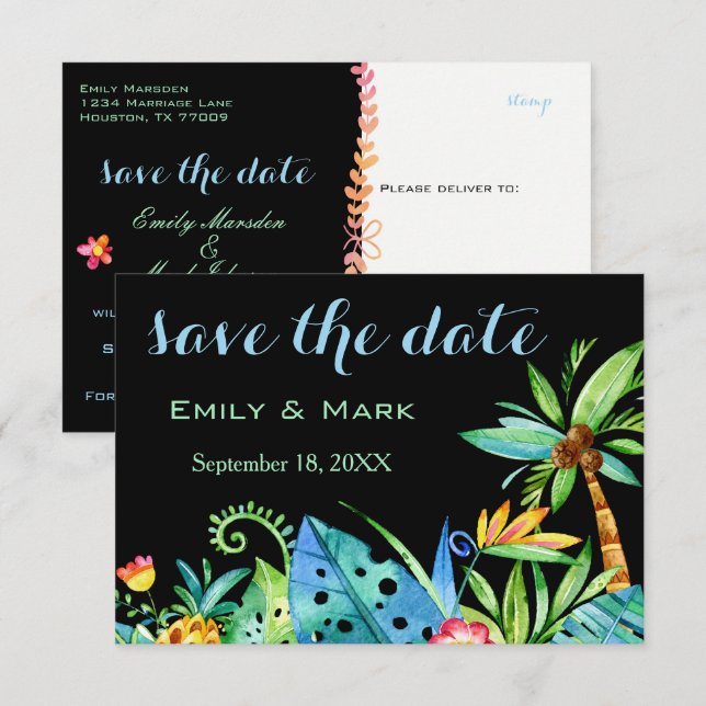 Invitation Tropical Floral Black Enregistrer La Date (Devant / Derrière)