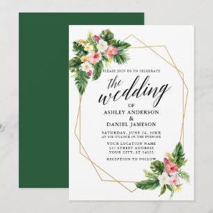 Invitation Tropical Floral Calligraphy Gold Frame Mariage