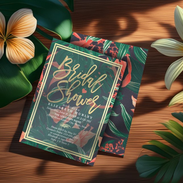 Invitation Tropical Floral Gold Frame Fête des mariées hawaïe (Créateur téléchargé)