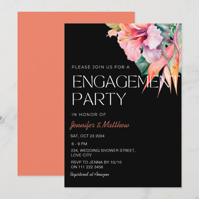 Invitation Tropical Floral Hibiscus Hawaiian Engagement Party (Devant / Derrière)