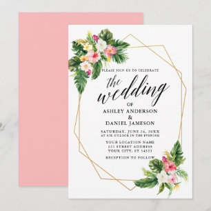 Invitation Tropical Floral Mariage Calligraphie Gold Frame