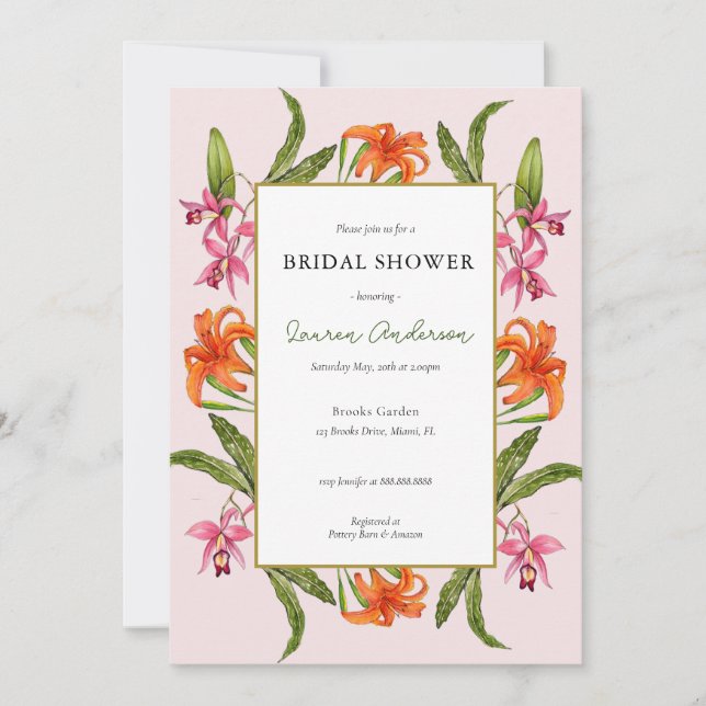 Invitation Tropical Floral rose et blanc Douche nuptiale (Devant)
