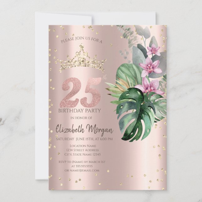 Invitation Tropical Flowers Diamonds Rose Or 25e anniversaire (Devant)