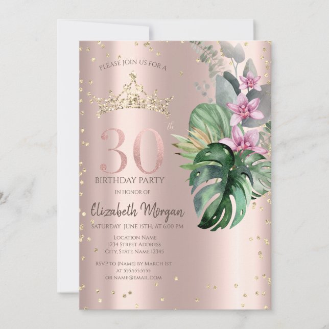 Invitation Tropical Flowers Diamonds Rose Or 30e anniversaire (Devant)