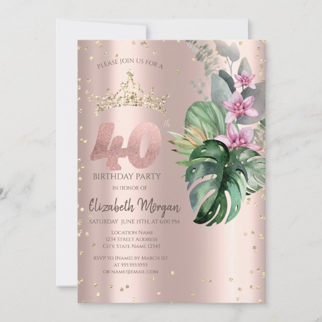 Invitation Tropical Flowers Diamonds Rose Or 40e anniversaire (Devant)