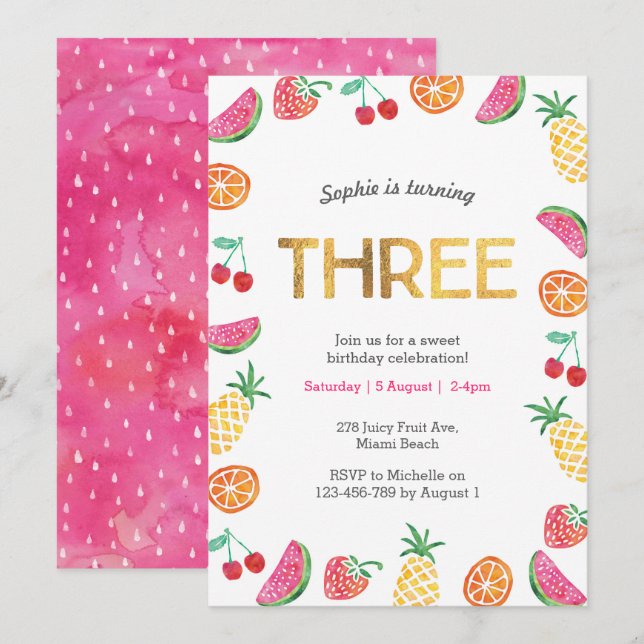 Invitation Tropical fruité Pink Gold 3ème anniversaire Invita (Devant / Derrière)