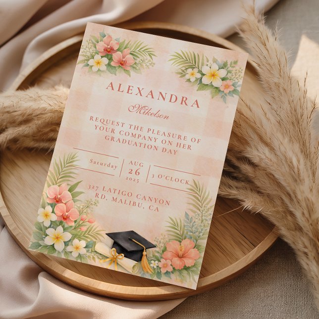 Invitation Tropical Gingham Floral Graduation (Créateur téléchargé)