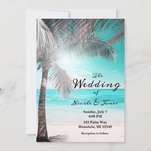 Invitation Tropical Glam rose Aqua Blue Beach Palm Mariage (Devant)