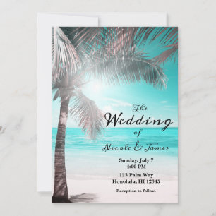 Invitation Tropical Glam rose Aqua Blue Beach Palm Mariage