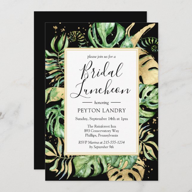 Invitation Tropical Gold & Black Bridal Luncheon Douche (Devant / Derrière)