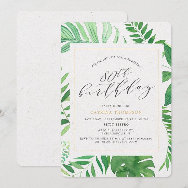 Invitation Tropical Gold Green 80th Surprise Birthday Party (Devant / Derrière)