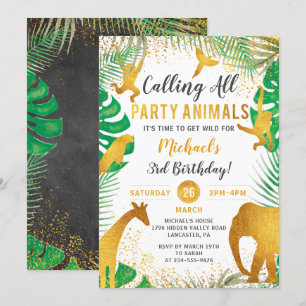 Invitation Tropical Gold Jungle Animaux Anniversaire de enfan