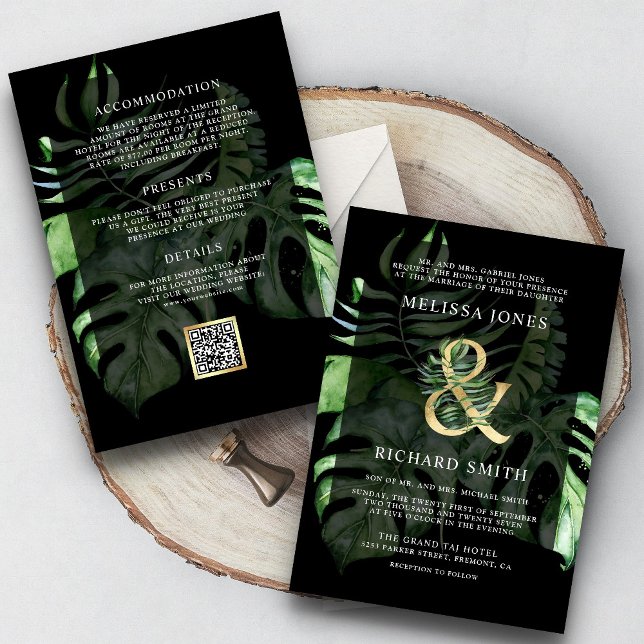 Invitation Tropical Gold Monstera Palm Black QR Code Mariage (Créateur téléchargé)