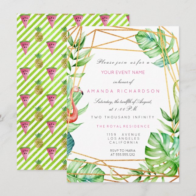 Invitation Tropical Gold Poligonal Frame Flamant rose Stripe (Devant / Derrière)