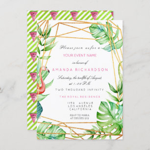 Invitation Tropical Gold Poligonal Frame Flamant rose Stripe