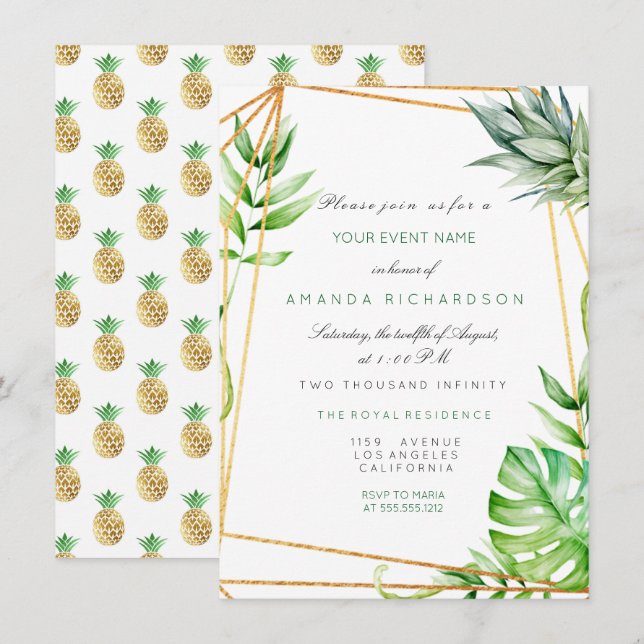 Invitation Tropical Golden Poligonal Frame Watermelon Green (Devant / Derrière)