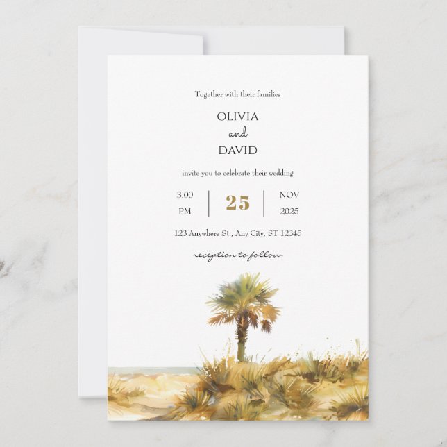 Invitation Tropical Golden Sand Dune Palm Tree Beach Wedding (Devant)