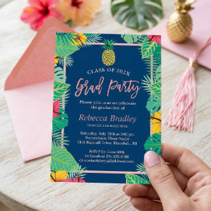 Invitation Tropical Graduation Party Marine Blue Gold Ananas