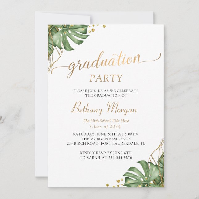 Invitation Tropical Green Arch Gold Photo Graduation Party (Devant)