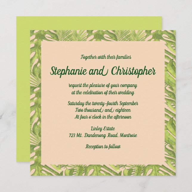 Invitation Tropical Green et Blush Mariage (Devant / Derrière)