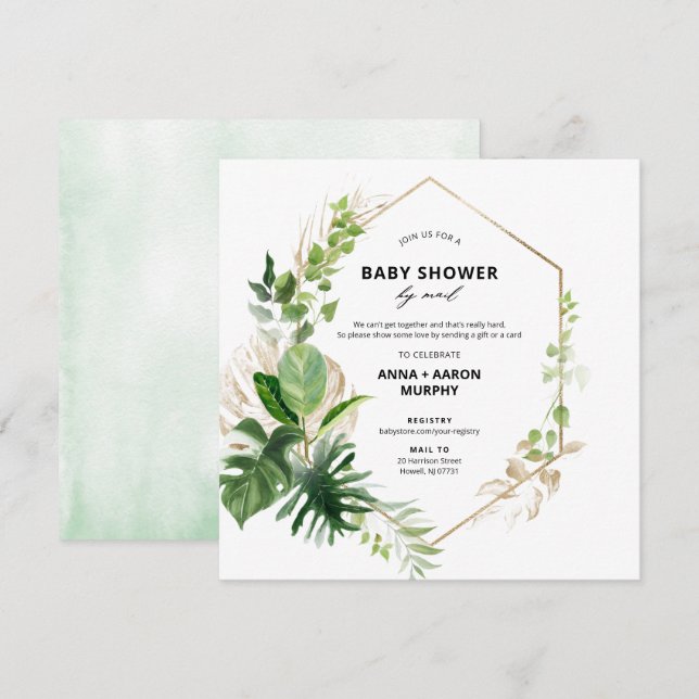 Invitation Tropical Green et Gold Frame Baby shower par courr (Devant / Derrière)