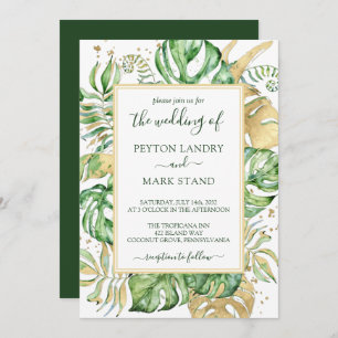 Invitation Tropical Green Feuilles & Gold Frame Modern Mariag