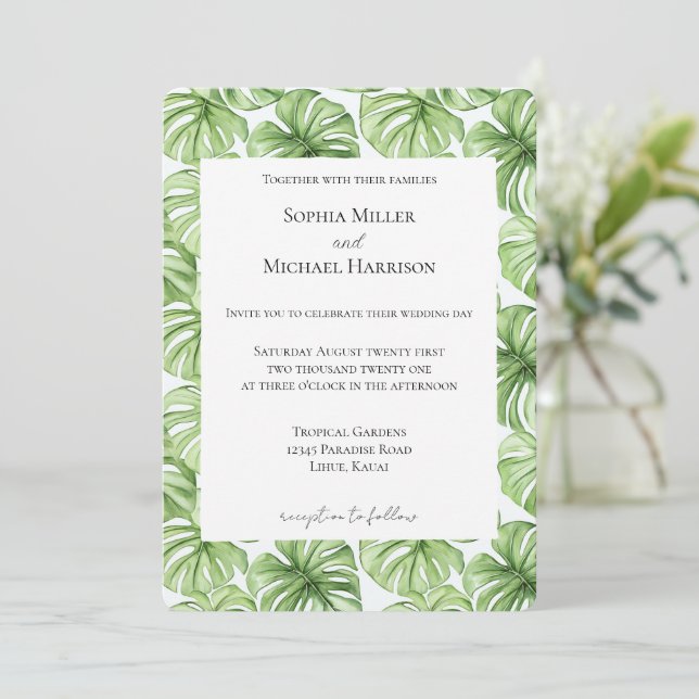 Invitation Tropical Green Leaves Wedding (Debout devant)