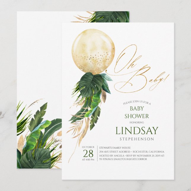 Invitation Tropical Green Palm Feuille Gold Balloon Oh Baby (Devant / Derrière)