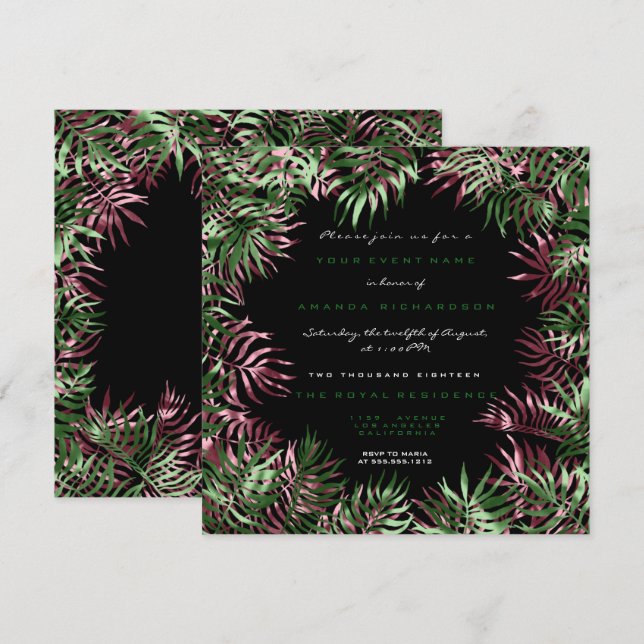 Invitation Tropical Green Palm Leaf Frame Black Whit Burgundy (Devant / Derrière)