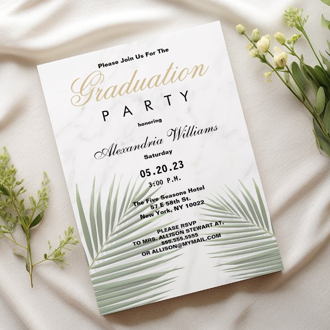 Invitation Tropical green white marble floral Graduation  (Tropical green white marble floral Graduation )