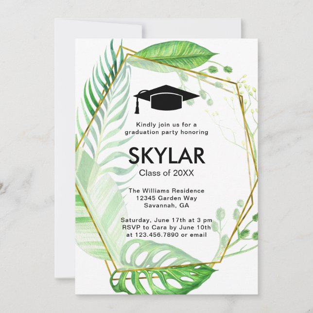 Invitation Tropical Greenery Géométrique Frame Graduation (Devant)