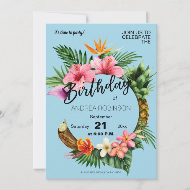 Invitation Tropical Hawaiian Floral Anniversaire fête Bleu cl (Devant)