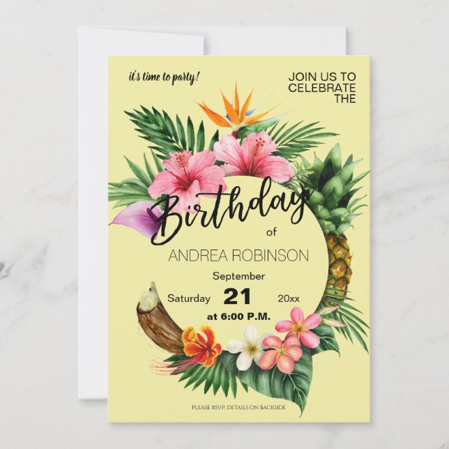 Invitation Tropical Hawaiian Floral fête d'anniversaire Jaune (Devant)