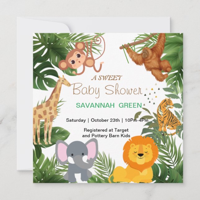Invitation Tropical Jungle Safari Animaux Baby showers Garçon (Devant)
