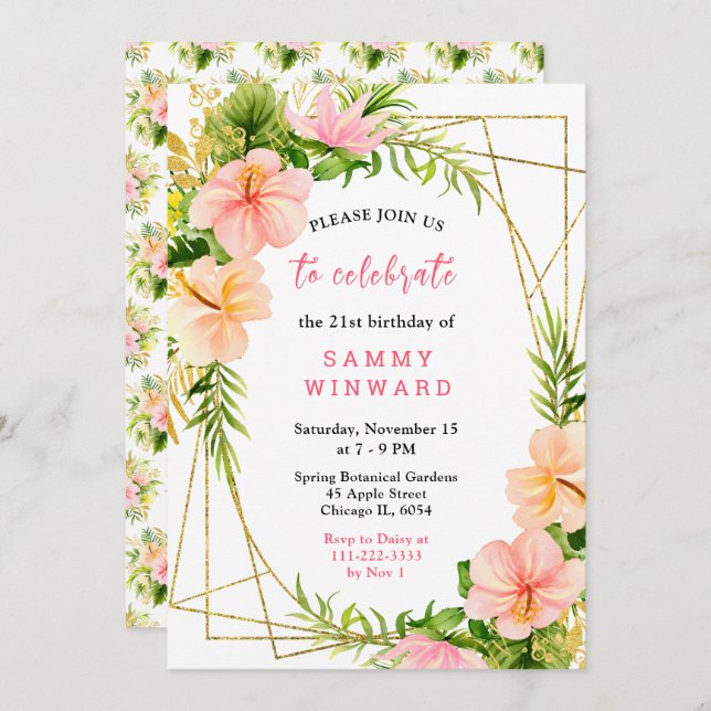 Invitation Tropical Jungle with Foliage Birthday (Devant / Derrière)