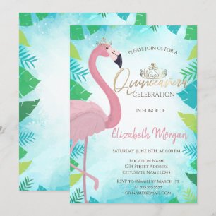 Invitation Tropical Leaf Flamant Rose Quinceañera d'été