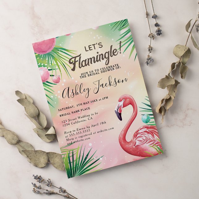 Invitation Tropical Lets Flamingle Fête des mariées d'aquarel (Créateur téléchargé)