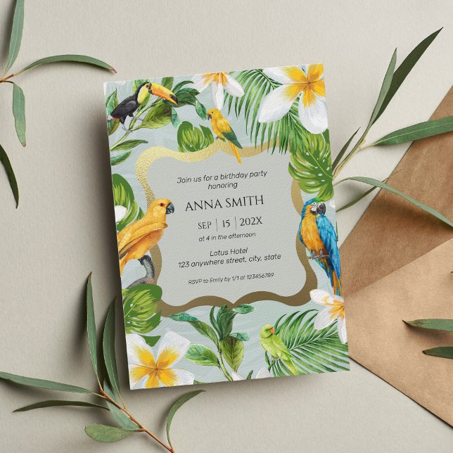 Invitation Tropical Luau Parrots Plumeria fête d'anniversaire (Créateur téléchargé)