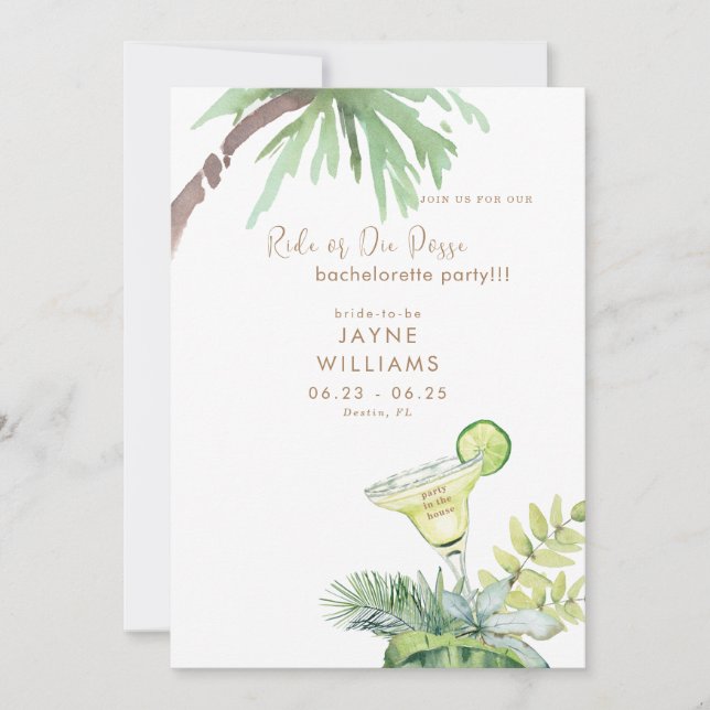 Invitation Tropical Margarita Ride ou Die Bachelorette Party (Devant)