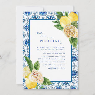 Invitation Tropical Méditerranéen Bleu & Citrons Mariage Matt
