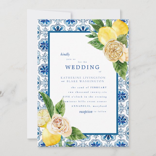 Invitation Tropical Méditerranéen Bleu & Citrons Mariage Matt (Devant)